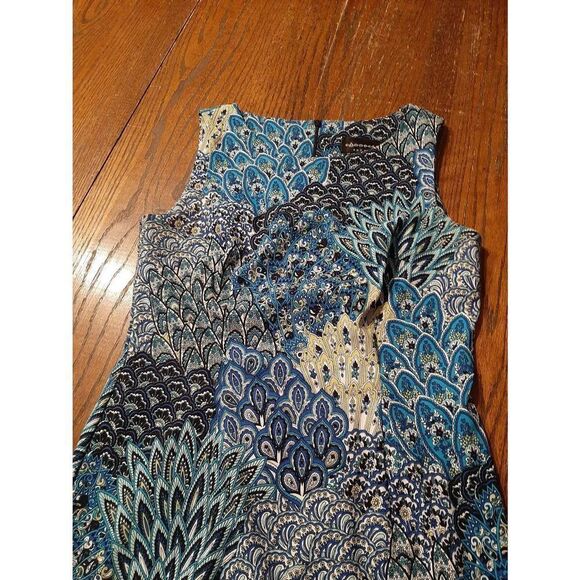 Size 6 Connected Apparel Blue White Green Paisley Sleeveless Midi Dress Rear Zip - Picture 2 of 4
